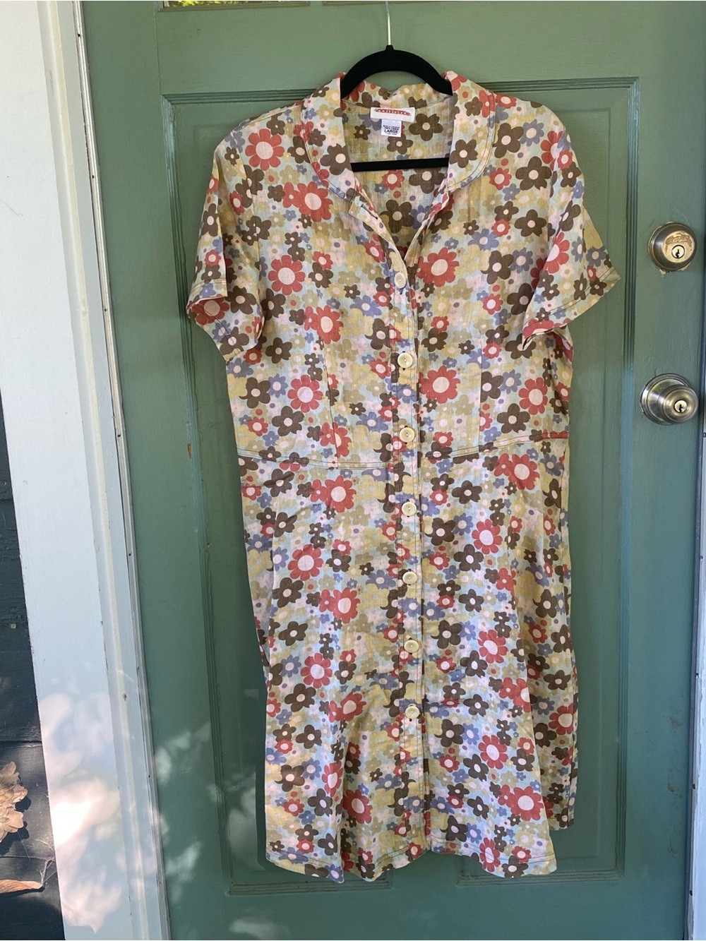 Solitaire mod floral flowers linen short sleeve A line shirt dress L